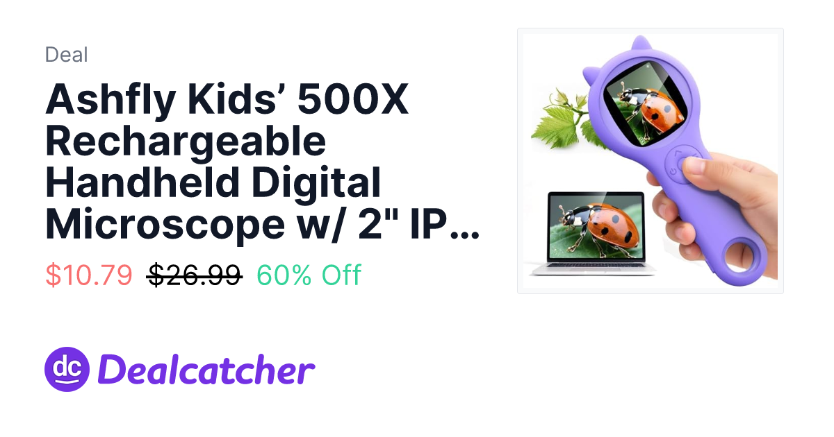 Amazon - Ashfly Kids’ 500X Rechargeable Handheld Digital Microscope w/ 2" IPS Screen (Purple) $10.79