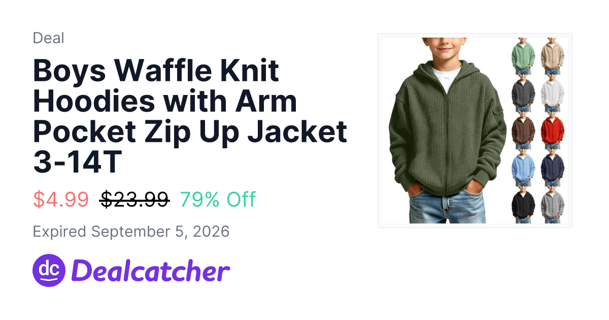 Amazon - Boys Waffle Knit Hoodies with Arm Pocket Zip Up Jacket 3-14T $4.99