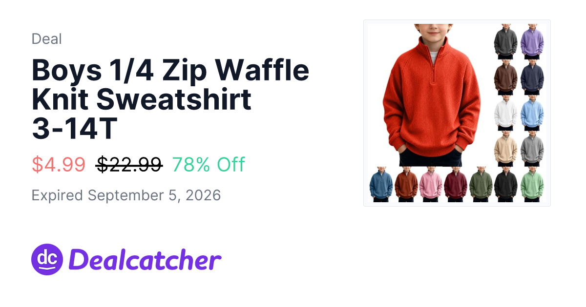 Amazon - Boys 1/4 Zip Waffle Knit Sweatshirt 3-14T $4.99