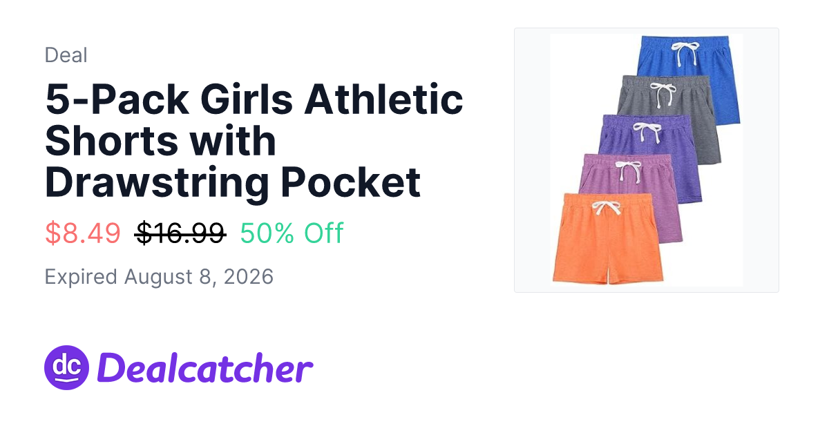 Amazon - 5-Pack Girls Athletic Shorts with Drawstring Pocket $8.49