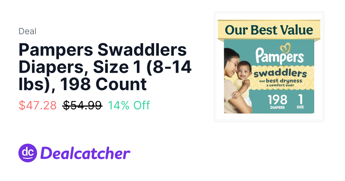 Amazon - Pampers Swaddlers Diapers, Size 1 (8-14 lbs), 198 Count $47.28