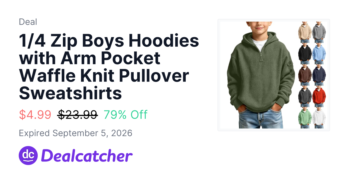 Amazon - 1/4 Zip Boys Hoodies with Arm Pocket Waffle Knit Pullover Sweatshirts $4.99
