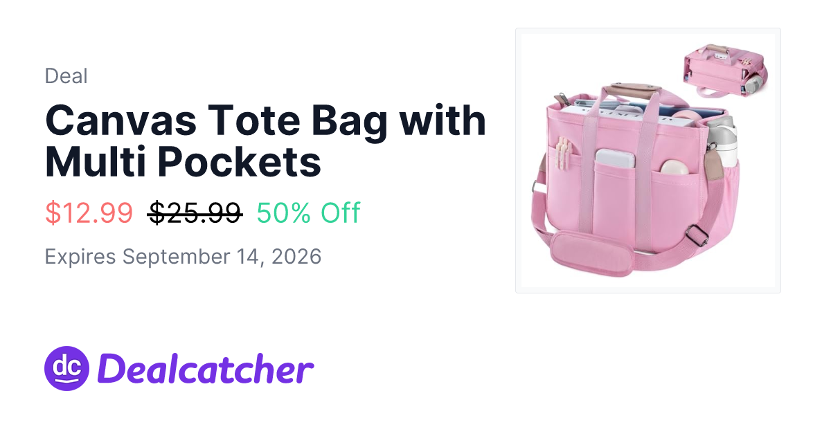 Amazon - Canvas Tote Bag with Multi Pockets $12.99