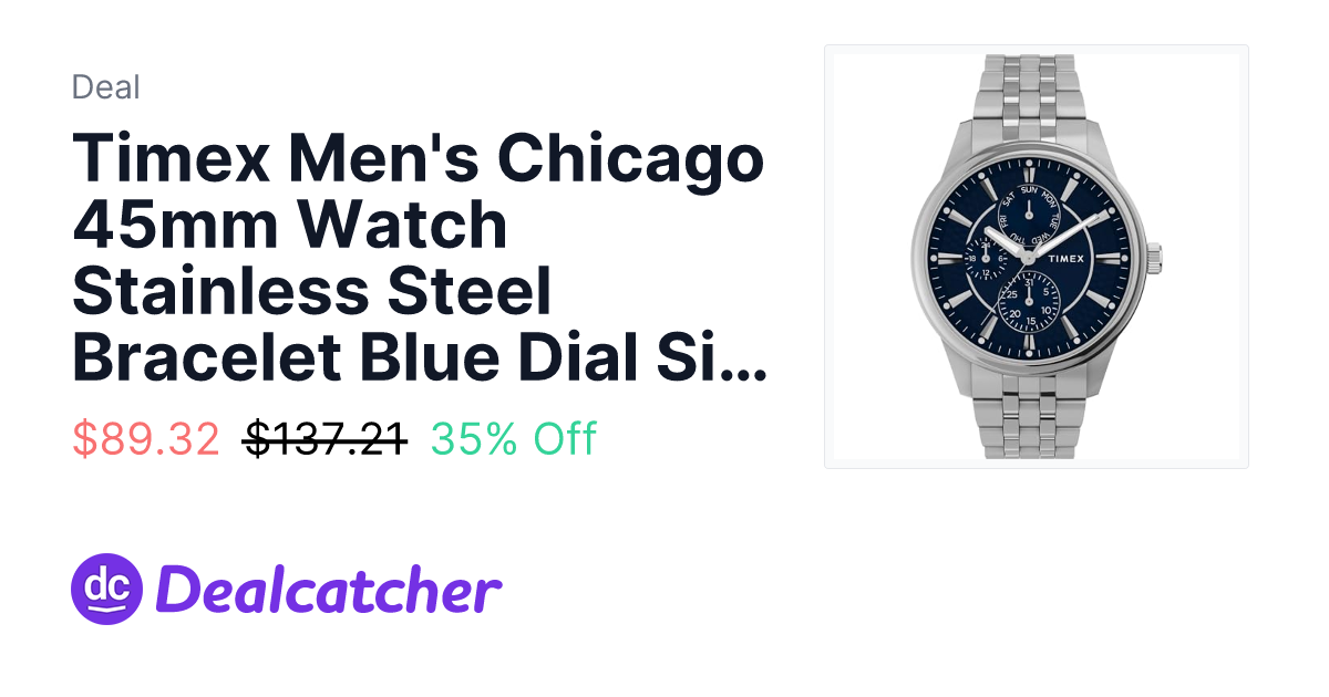 Amazon - Timex Men's Chicago 45mm Watch Stainless Steel Bracelet Blue Dial Silver-Tone Case $89.32