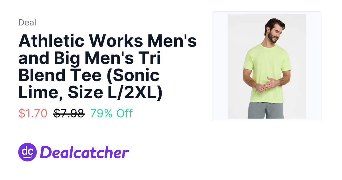 Walmart - Athletic Works Men's and Big Men's Tri Blend Tee (Sonic Lime, Size L/2XL) $1.70