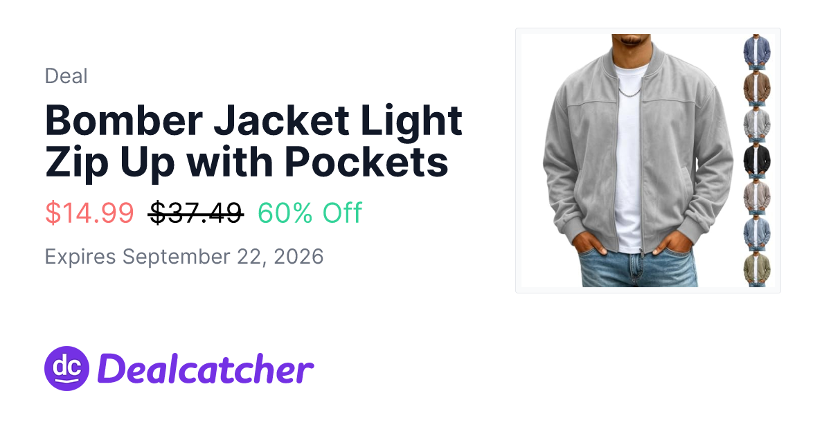 Amazon - Bomber Jacket Light Zip Up with Pockets $14.99