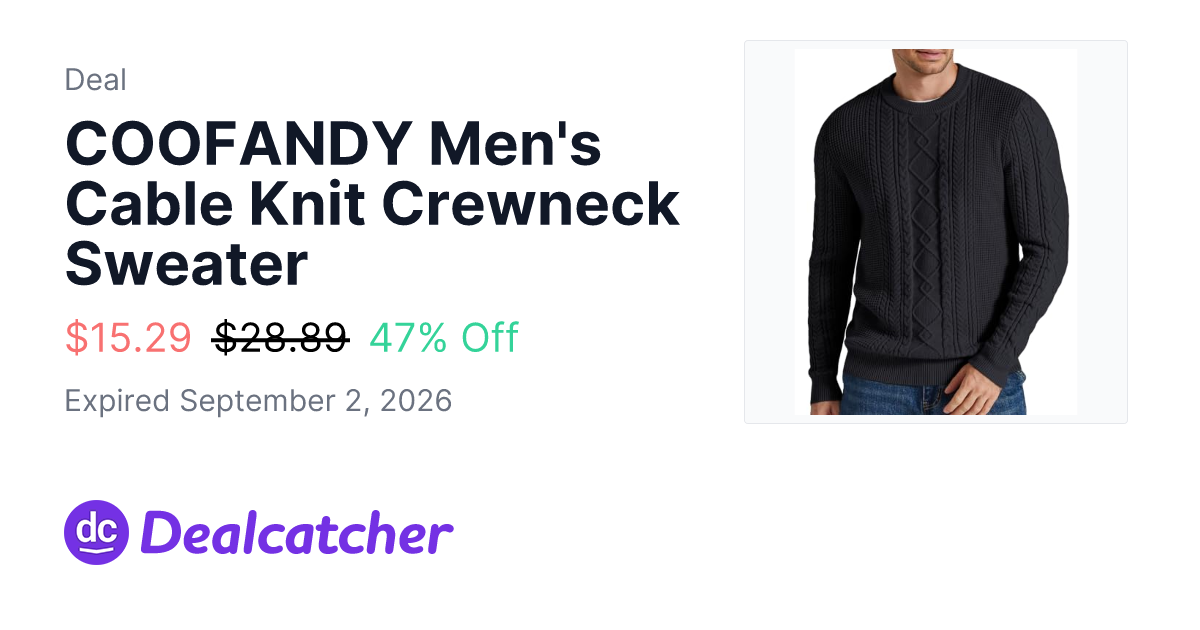 Amazon - COOFANDY Men's Cable Knit Crewneck Sweater $15.29