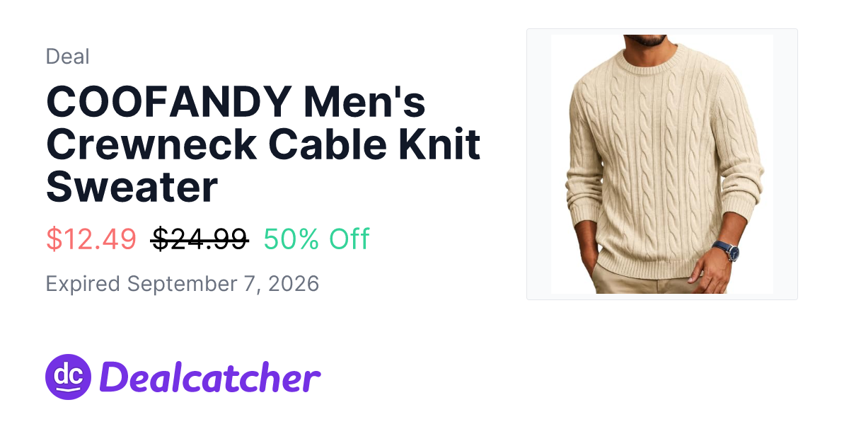 Amazon - COOFANDY Men's Crewneck Cable Knit Sweater $12.49