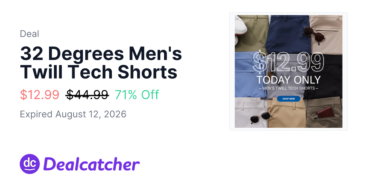 32 Degrees - 32 Degrees Men's Twill Tech Shorts $12.99