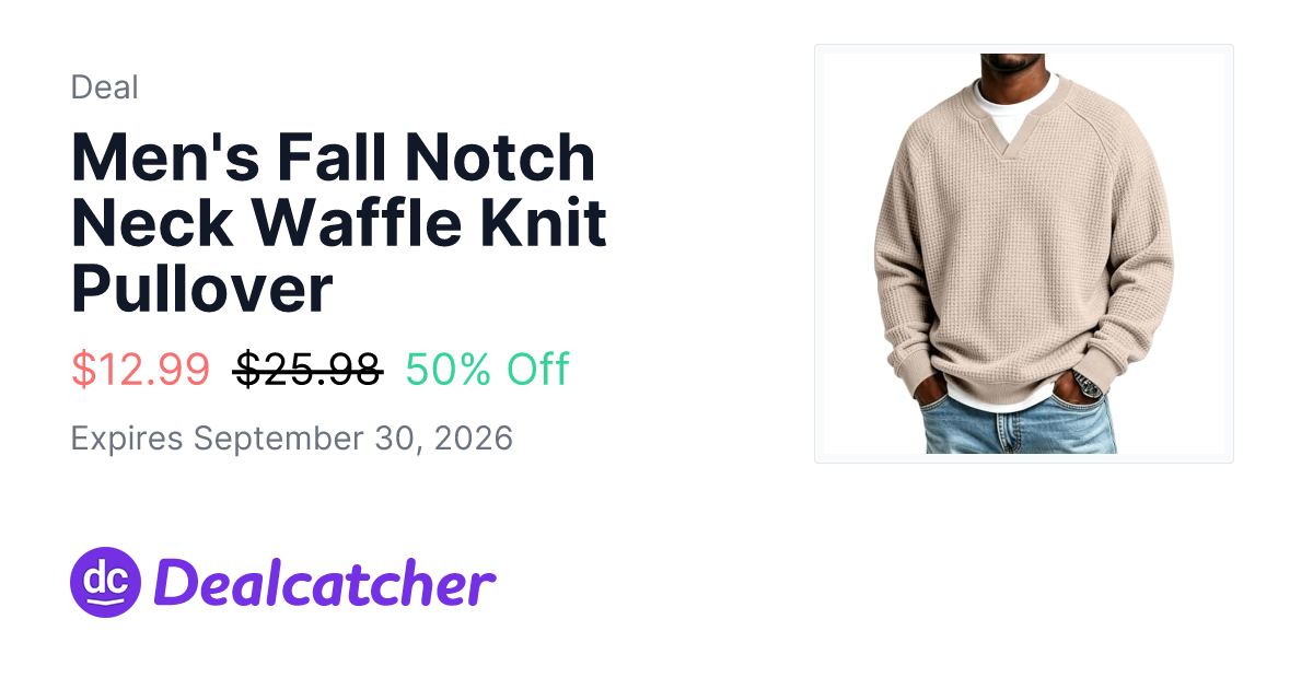 Amazon - Men's Fall Notch Neck Waffle Knit Pullover $12.99