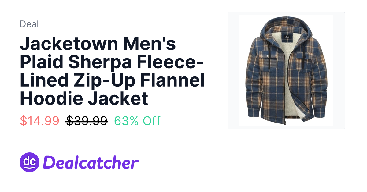 Amazon - Jacketown Men's Plaid Sherpa Fleece-Lined Zip-Up Flannel Hoodie Jacket $14.99