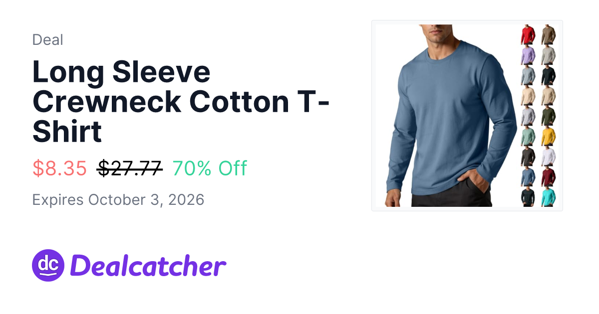 Amazon - Long Sleeve Crewneck Cotton T-Shirt $8.35