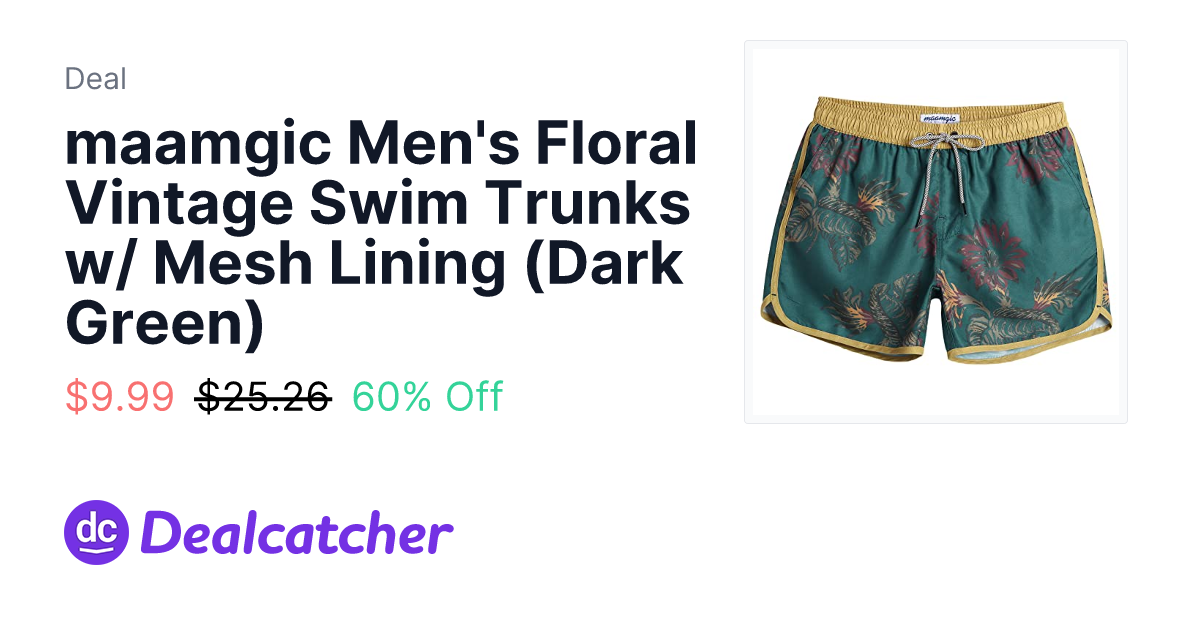 Amazon - maamgic Men's Floral Vintage Swim Trunks w/ Mesh Lining (Dark Green) $9.99