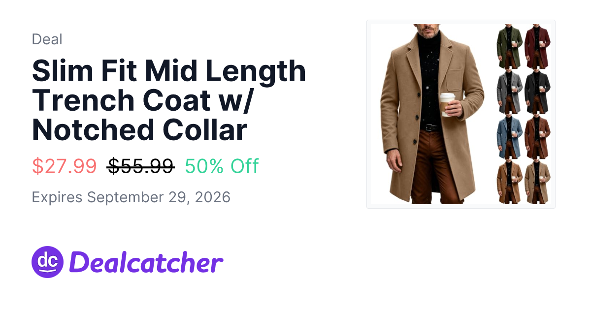 Amazon - Slim Fit Mid Length Trench Coat w/Notched Collar $27.99
