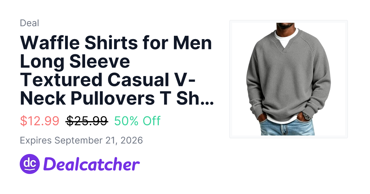 Amazon - Waffle Shirts for Men Long Sleeve Textured Casual V-Neck Pullovers T Shirt $12.99