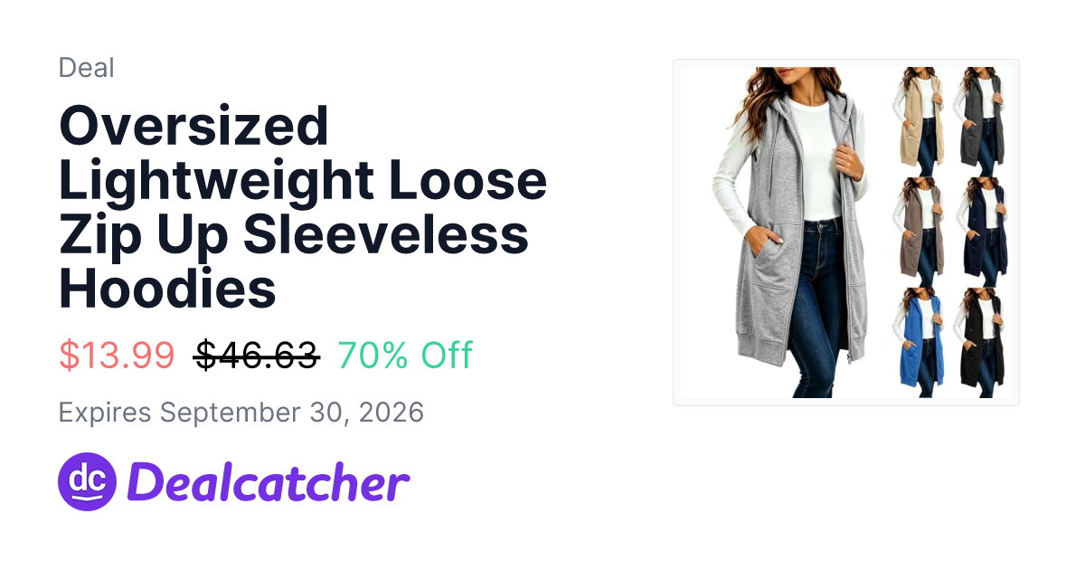 Amazon - Oversized Lightweight Loose Zip Up Sleeveless Hoodies $13.99