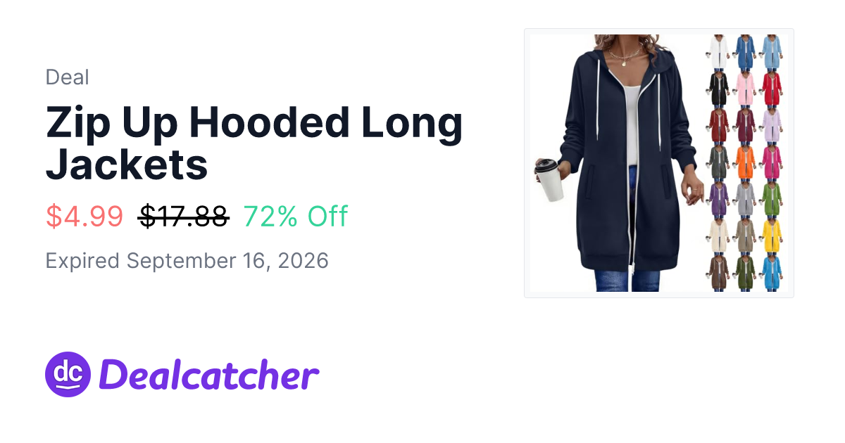 Amazon - Zip Up Hooded Long Jackets $4.99