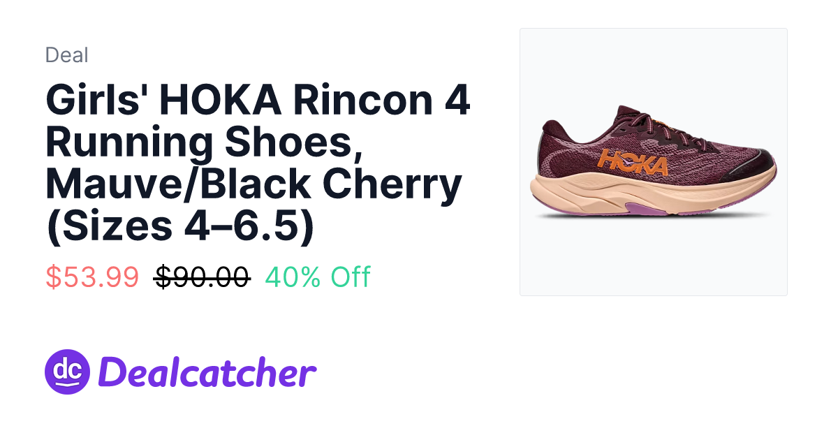 Foot Locker - Girls' HOKA Rincon 4 Running Shoes, Mauve/Black Cherry (Sizes 4–6.5) $53.99