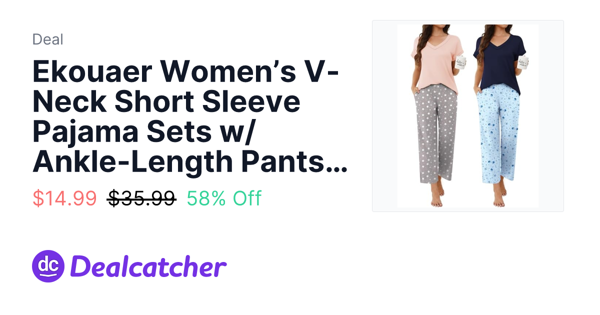 Amazon - Ekouaer Women’s V-Neck Short Sleeve Pajama Sets w/ Ankle-Length Pants 2-Count $14.99