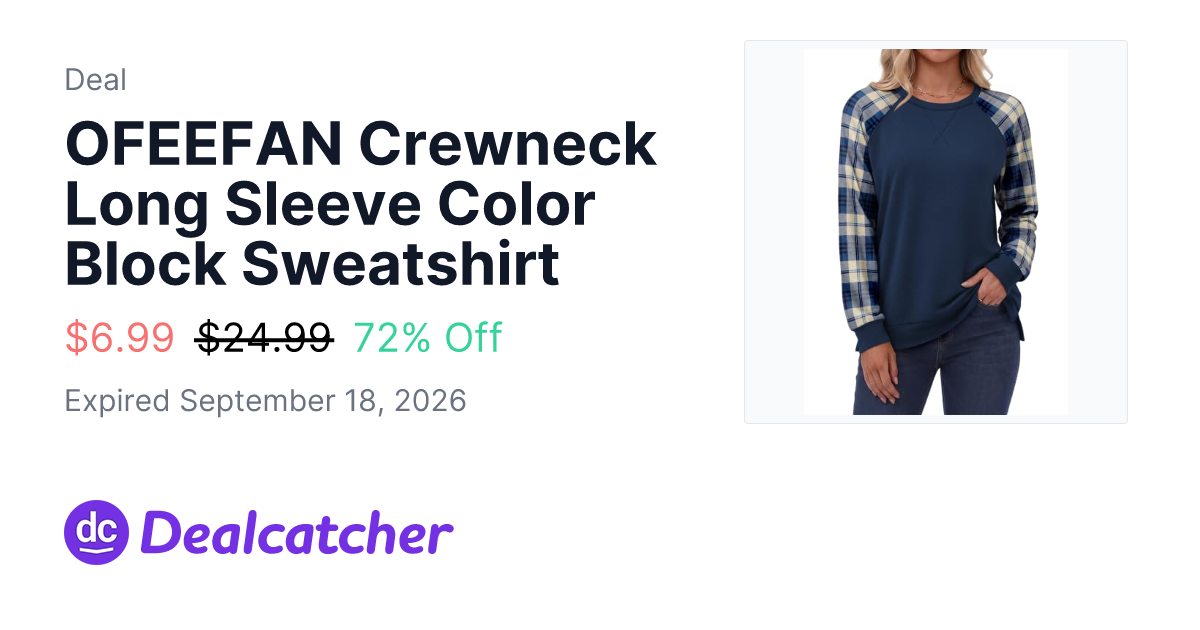 Amazon - OFEEFAN Crewneck Long Sleeve Color Block Sweatshirt $6.99