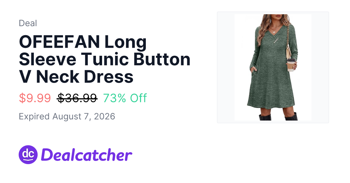 Amazon - OFEEFAN Long Sleeve Tunic Button V Neck Dress $9.99