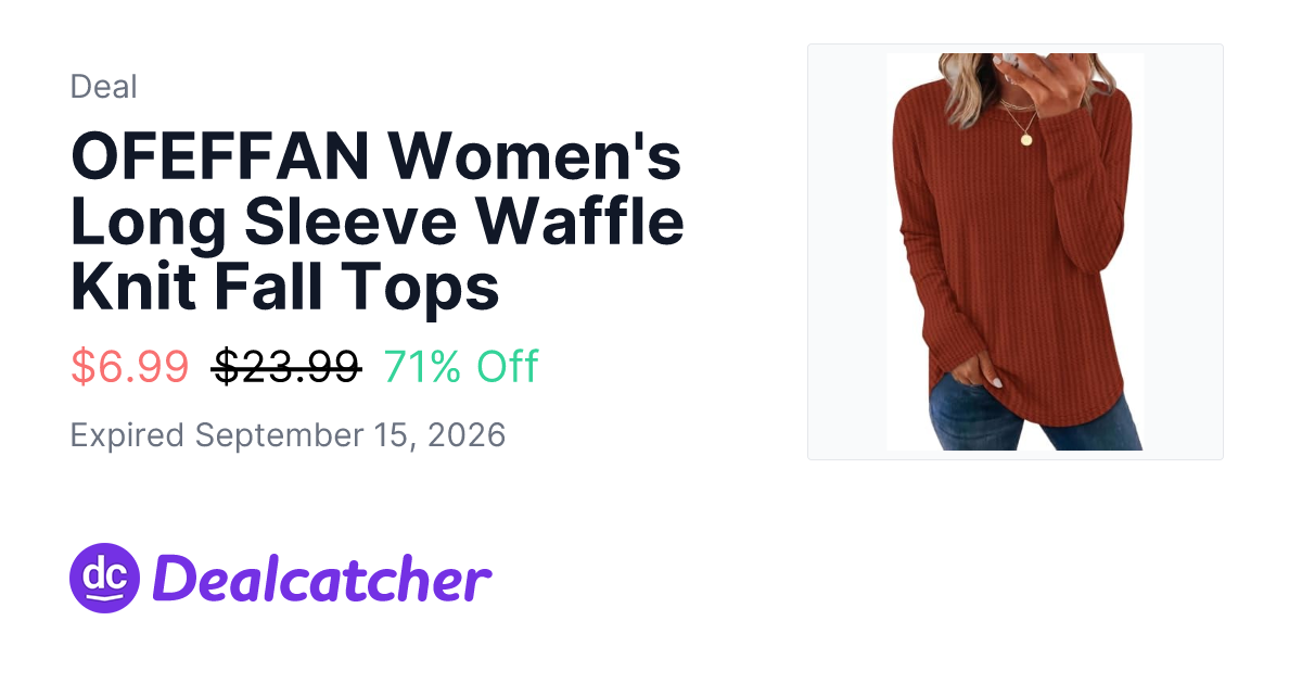 Amazon - OFEFFAN Women's Long Sleeve Waffle Knit Fall Tops $6.99