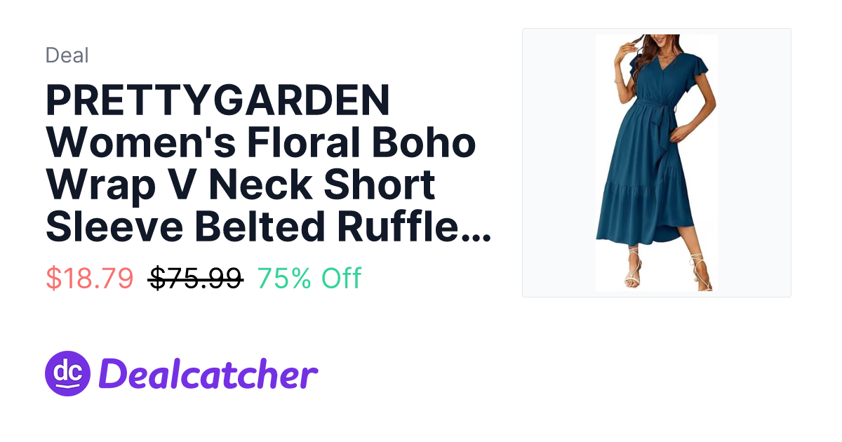 Walmart - PRETTYGARDEN Women's Floral Boho Wrap V Neck Short Sleeve Belted Ruffle Hem A-Line Flowy Maxi Dress $18.79