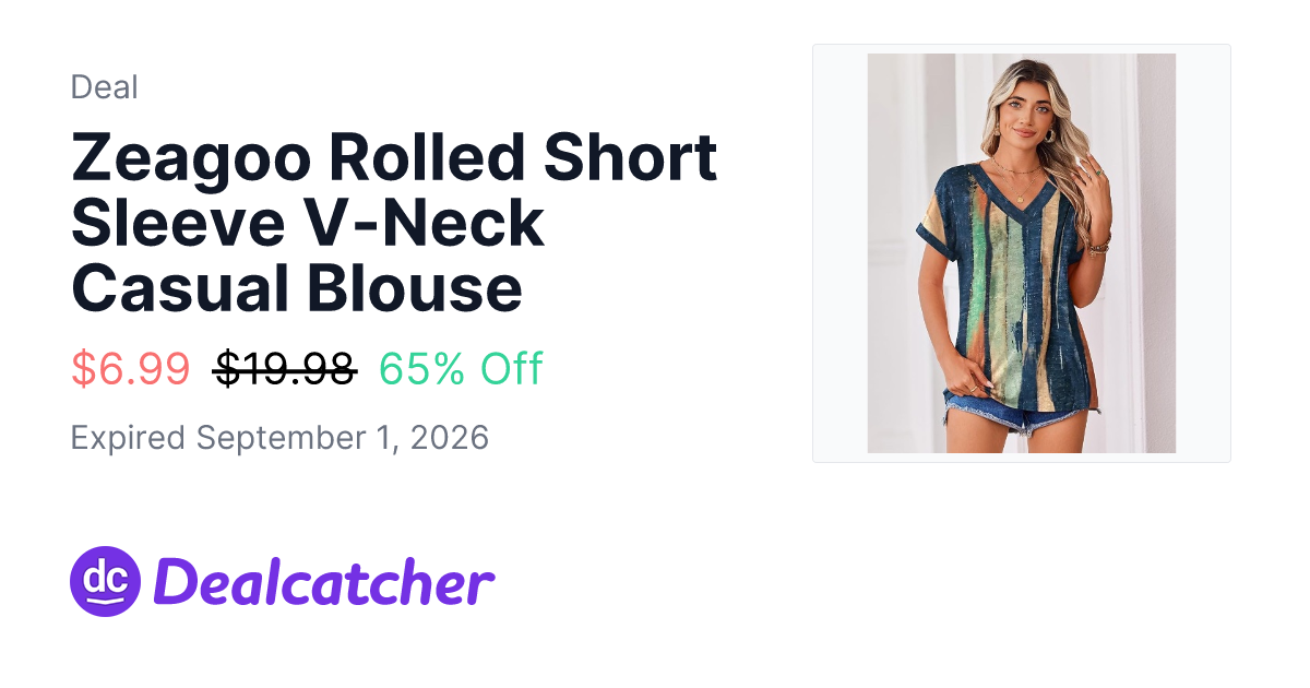 Amazon - Zeagoo Rolled Short Sleeve V-Neck Casual Blouse $6.99