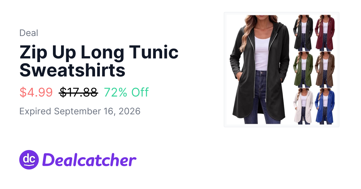 Amazon - Zip Up Long Tunic Sweatshirts $4.99