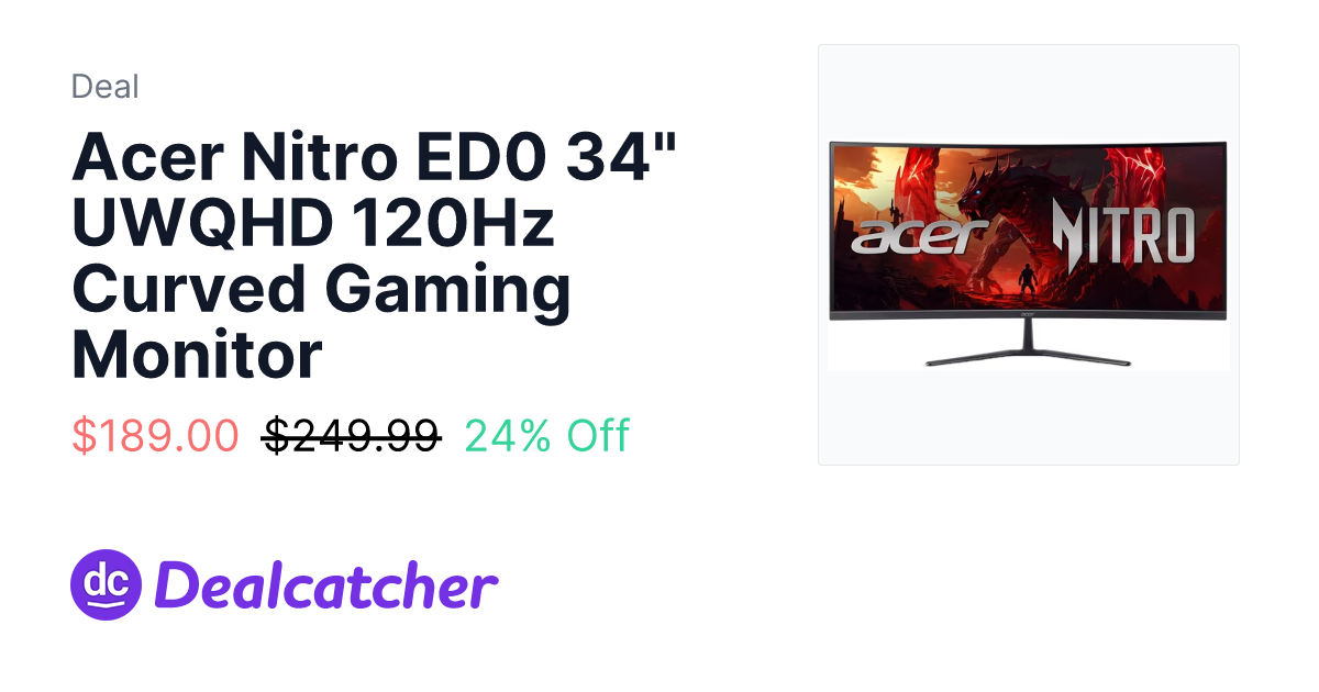 Walmart - Acer Nitro ED0 34" UWQHD 120Hz Curved Gaming Monitor $189.00