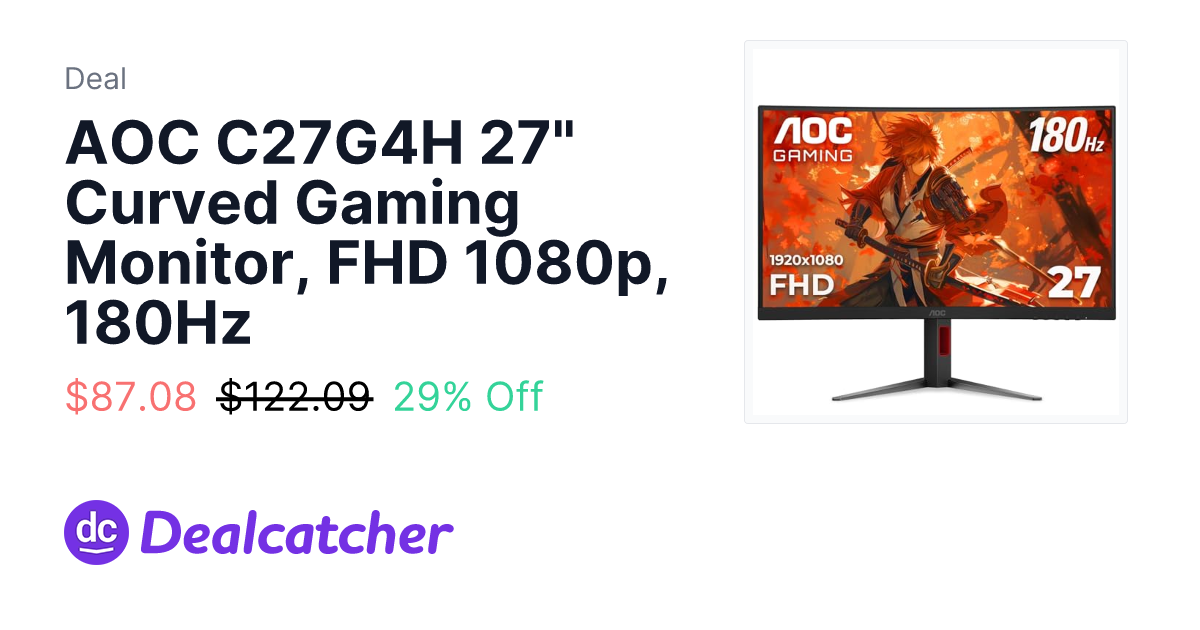 Amazon - AOC C27G4H 27" Curved Gaming Monitor, FHD 1080p, 180Hz $87.08