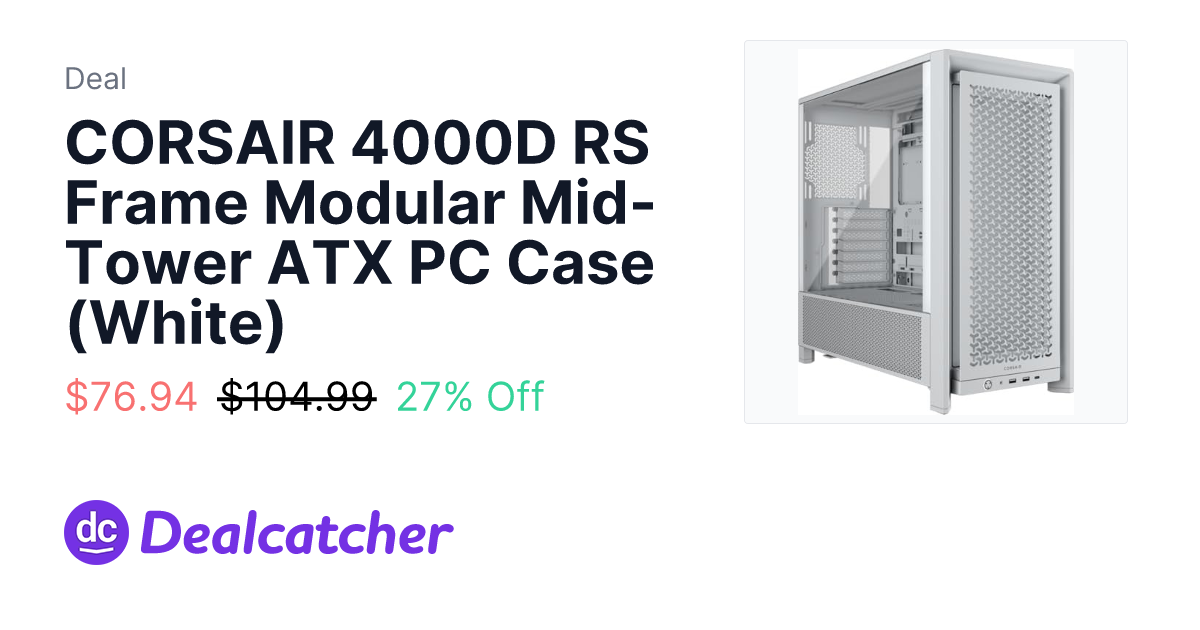 CORSAIR 4000D RS Frame Modular Mid-Tower ATX PC Case (White) - $74.89