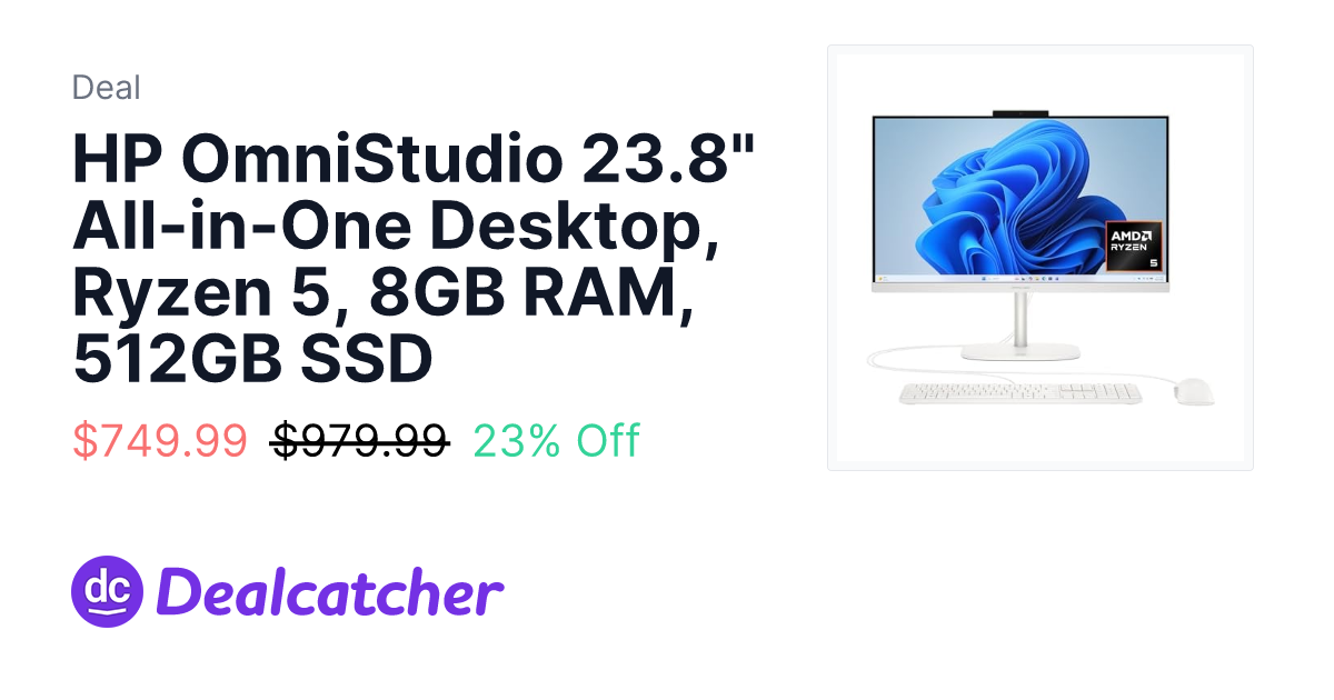 Amazon - HP OmniStudio 23.8" All-in-One Desktop, Ryzen 5, 8GB RAM, 512GB SSD $749.99