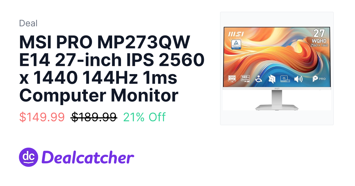 Amazon - MSI PRO MP273QW E14 27-inch IPS 2560 x 1440 144Hz 1ms Computer Monitor $149.99