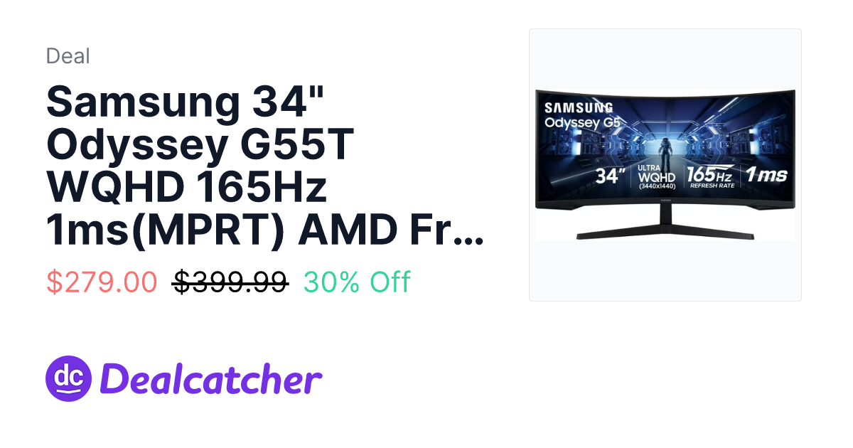 Walmart - Samsung 34" Odyssey G55T WQHD 165Hz 1ms(MPRT) AMD FreeSync HDR Curved Gaming Monitor $279.00