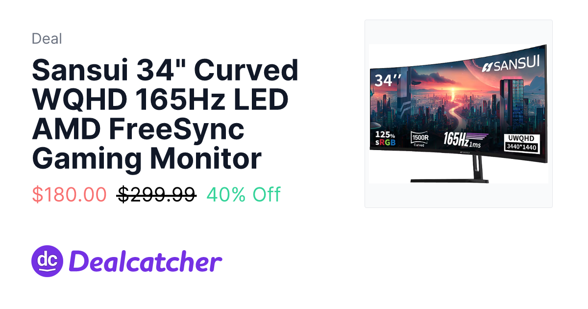 Staples - Sansui 34" Curved WQHD 165Hz LED AMD FreeSync Gaming Monitor $180.00