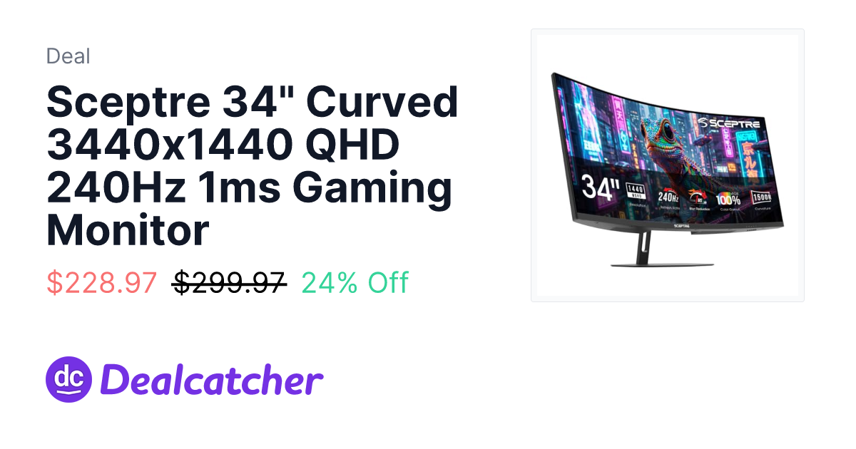 Amazon - Sceptre 34" Curved 3440x1440 QHD 240Hz 1ms Gaming Monitor $228.97