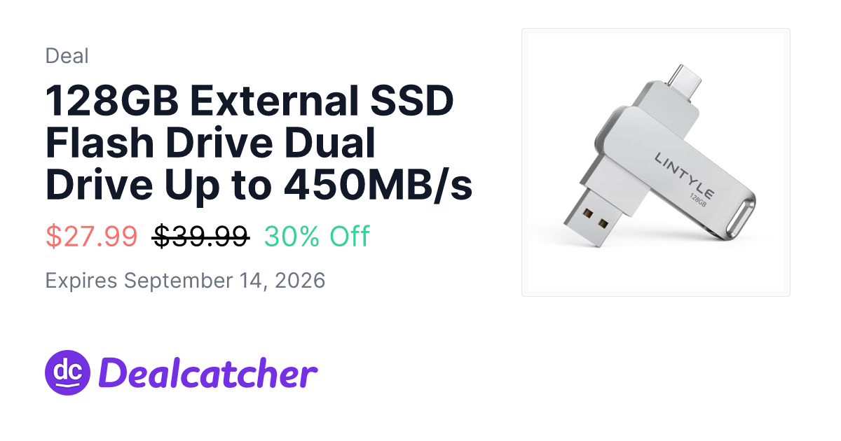 Amazon - 128GB External SSD Flash Drive Dual Drive Up to 450MB/s $27.99