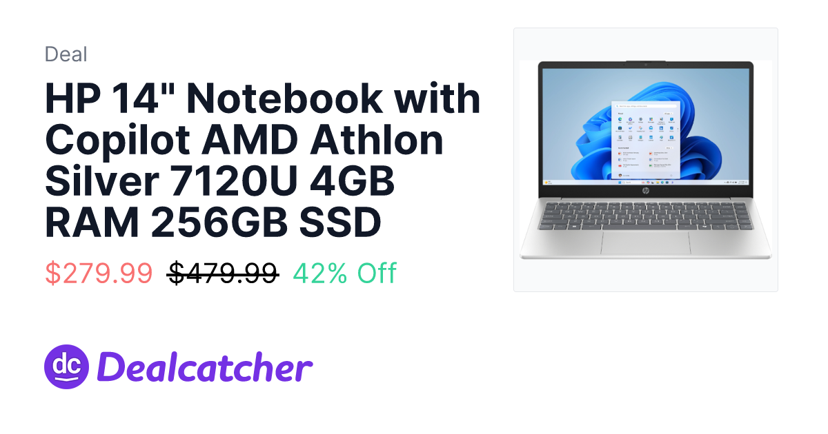 P.C. Richard & Son - HP 14" Notebook with Copilot AMD Athlon Silver 7120U 4GB RAM 256GB SSD $279.99