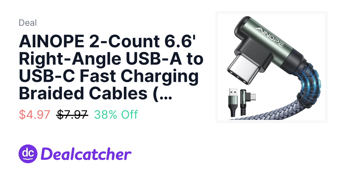 Amazon - AINOPE 2-Count 6.6' Right-Angle USB-A to USB-C Fast Charging Braided Cables (Grey) $4.97