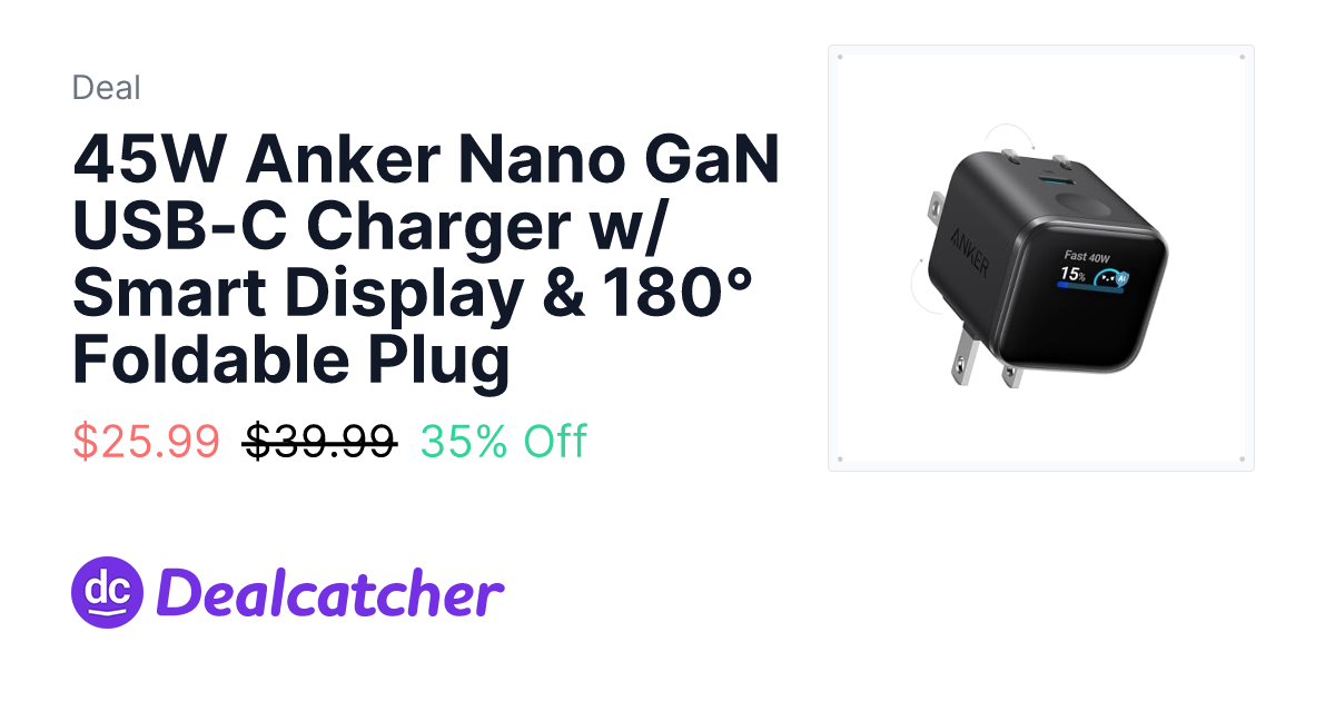 Amazon - 45W Anker Nano GaN USB-C Charger w/ Smart Display & 180° Foldable Plug $25.99