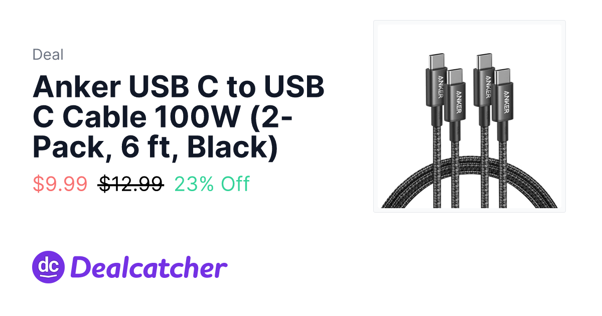 Amazon - Anker USB C to USB C Cable 100W (2-Pack, 6 ft, Black) $9.99