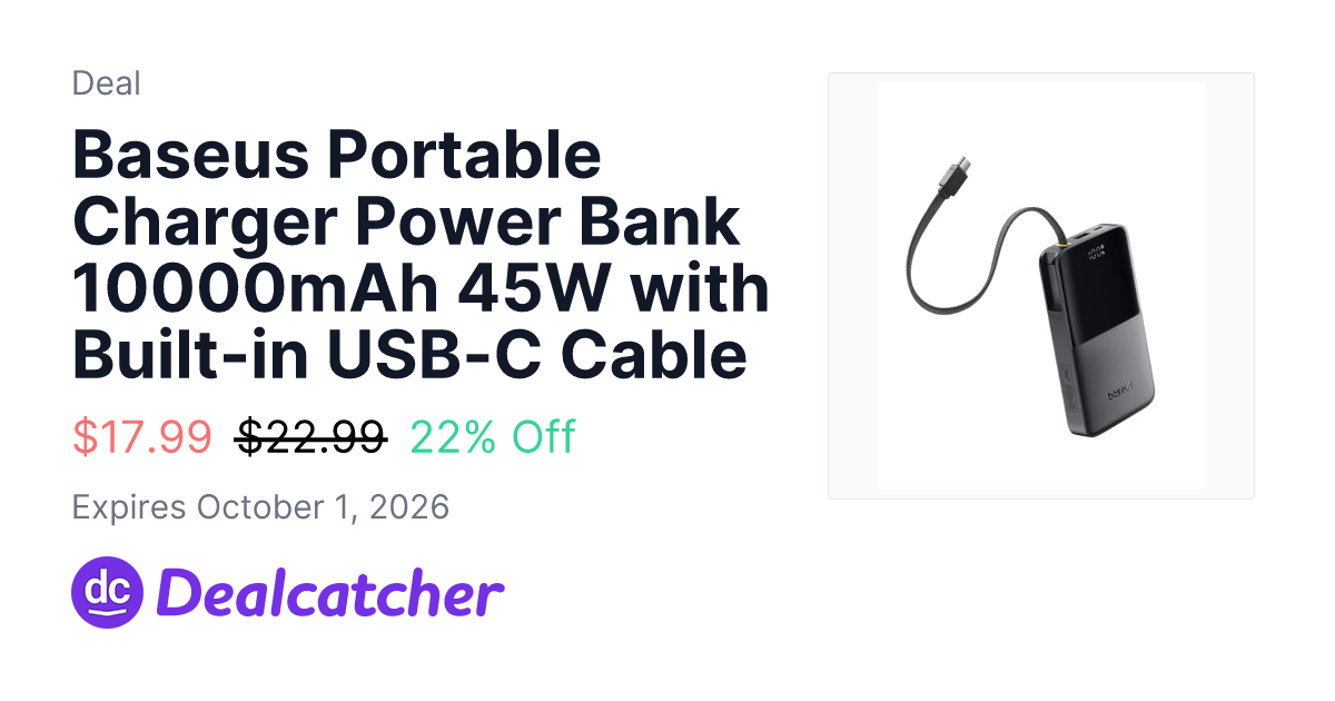 Amazon - Baseus Portable Charger Power Bank 10000mAh 45W with Built-in USB-C Cable $17.99