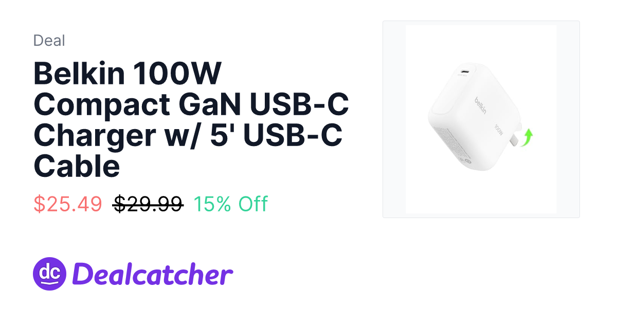 Amazon - Belkin 100W Compact GaN USB-C Charger w/ 5' USB-C Cable $25.49