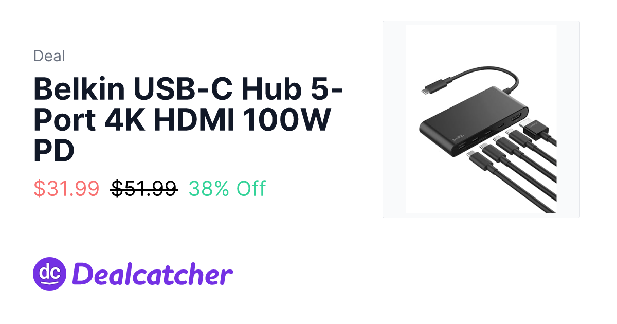 Amazon - Belkin USB-C Hub 5-Port 4K HDMI 100W PD $31.99
