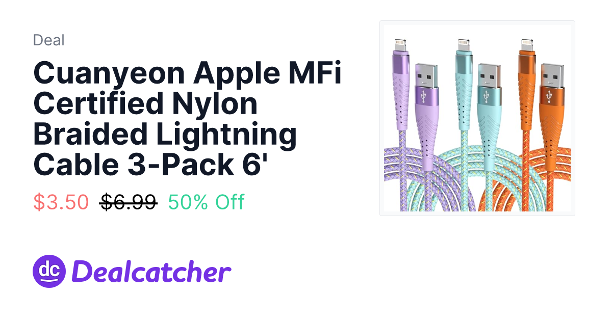 Amazon - Cuanyeon Apple MFi Certified Nylon Braided Lightning Cable 3-Pack 6' $3.50