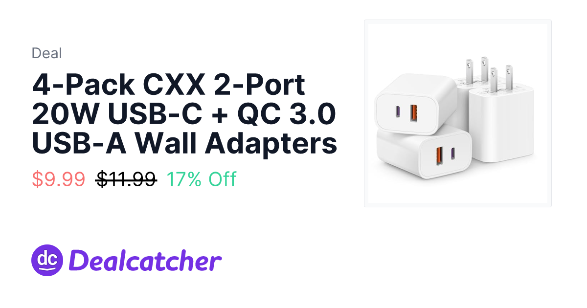 4-Pack CXX 2-Port 20W USB-C + QC 3.0 USB-A Wall Adapters - $9.99