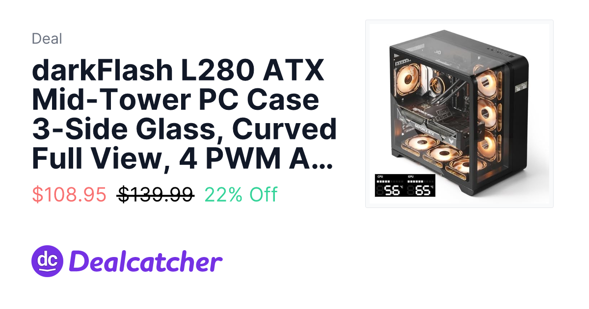 darkFlash L280 ATX Mid-Tower PC Case 3-Side Glass, Curved Full View, 4 ...