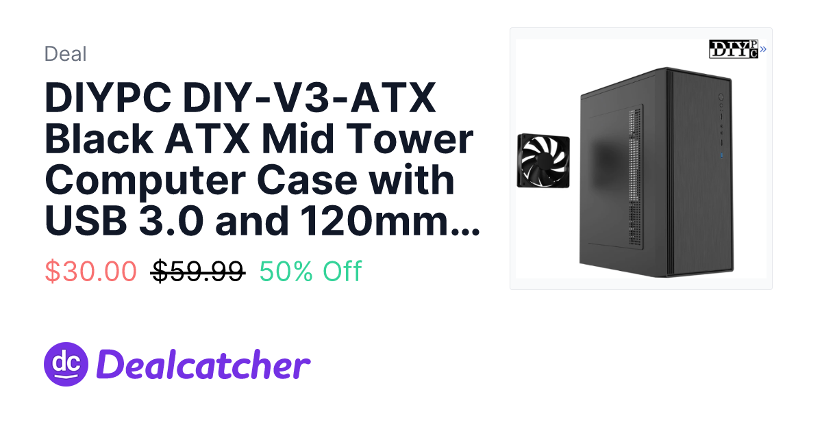 Newegg - DIYPC DIY-V3-ATX Black ATX Mid Tower Computer Case with USB 3.0 and 120mm Rear Fan $30.00