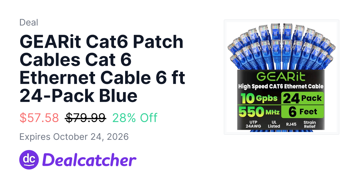 Amazon - GEARit Cat6 Patch Cables Cat 6 Ethernet Cable 6 ft 24-Pack Blue $57.58